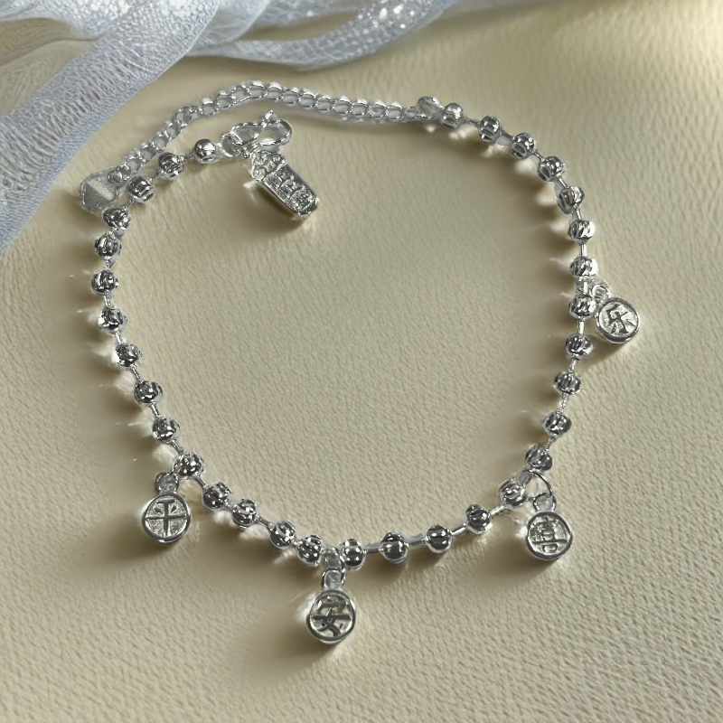 足银脚链 精致民族风平安喜乐上上签脚链