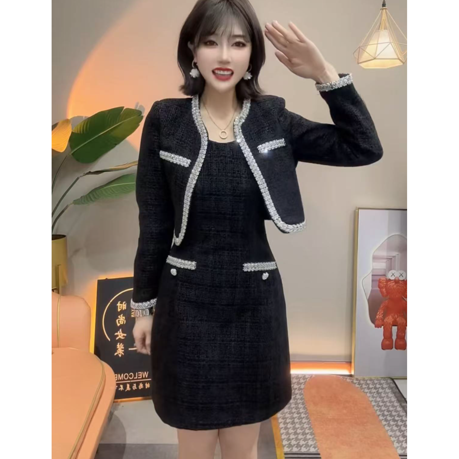 25年大码春季新款小香风短外套配搭连衣裙时尚套装