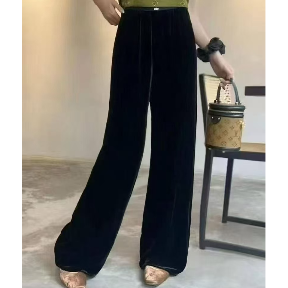 【迷姿服饰】黑色 垂感丝绒阔腿裤 简约时尚 洋气百搭 宽松直筒裤