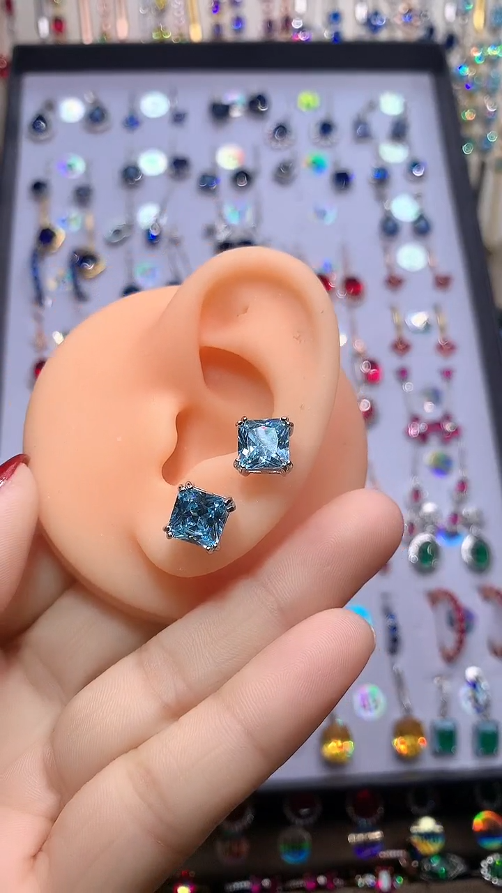 【闪购商品】海蓝宝石耳坠银S925镶嵌银色8