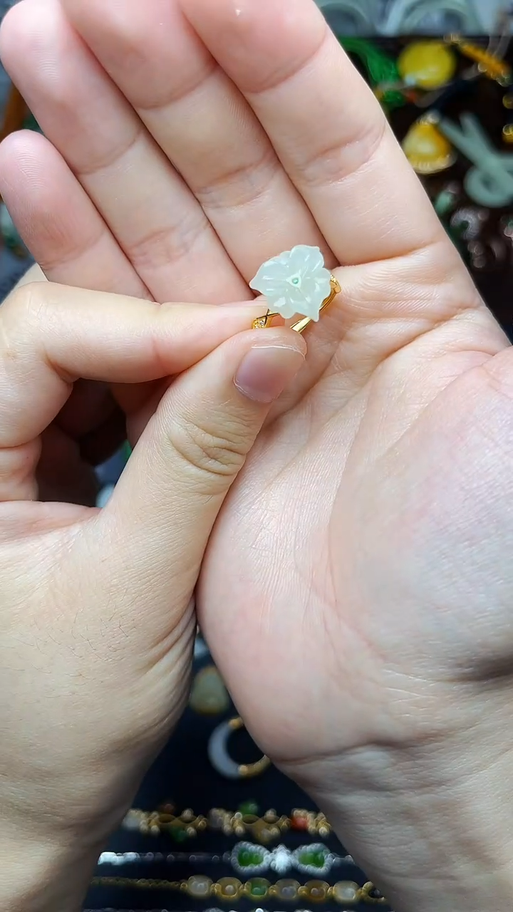 银S925镶嵌戒指和田玉花花戒指 06