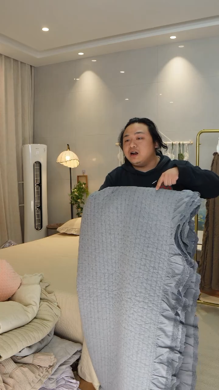 棉意境床盖三件套复古蓝灰色