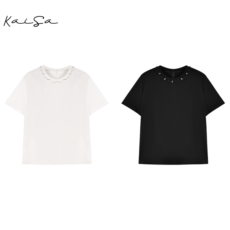 【晚风】100%棉短袖领口手工刺绣钉珠圆领上衣