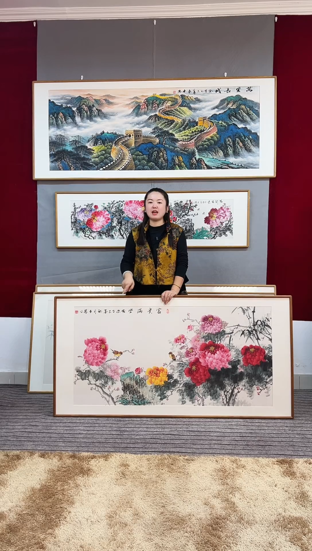 国画手绘牡丹162*82尺寸横幅