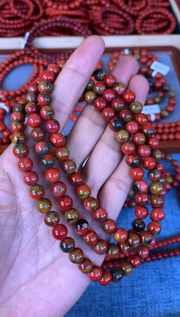 未镶嵌手串南红玛瑙N24大山包原矿三彩包浆8mm多圈