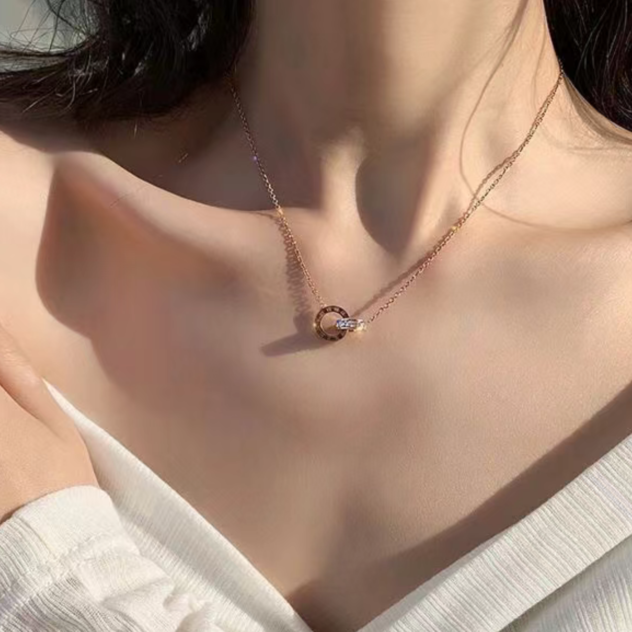 合金项链 双环双面小园饼简约LOVE项链气质轻奢