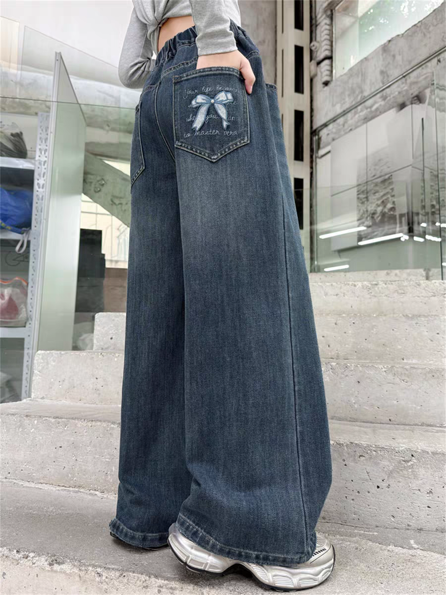 女童牛仔裤  蝴蝶结刺绣  冬季新款一体绒  休闲直筒阔腿裤9006