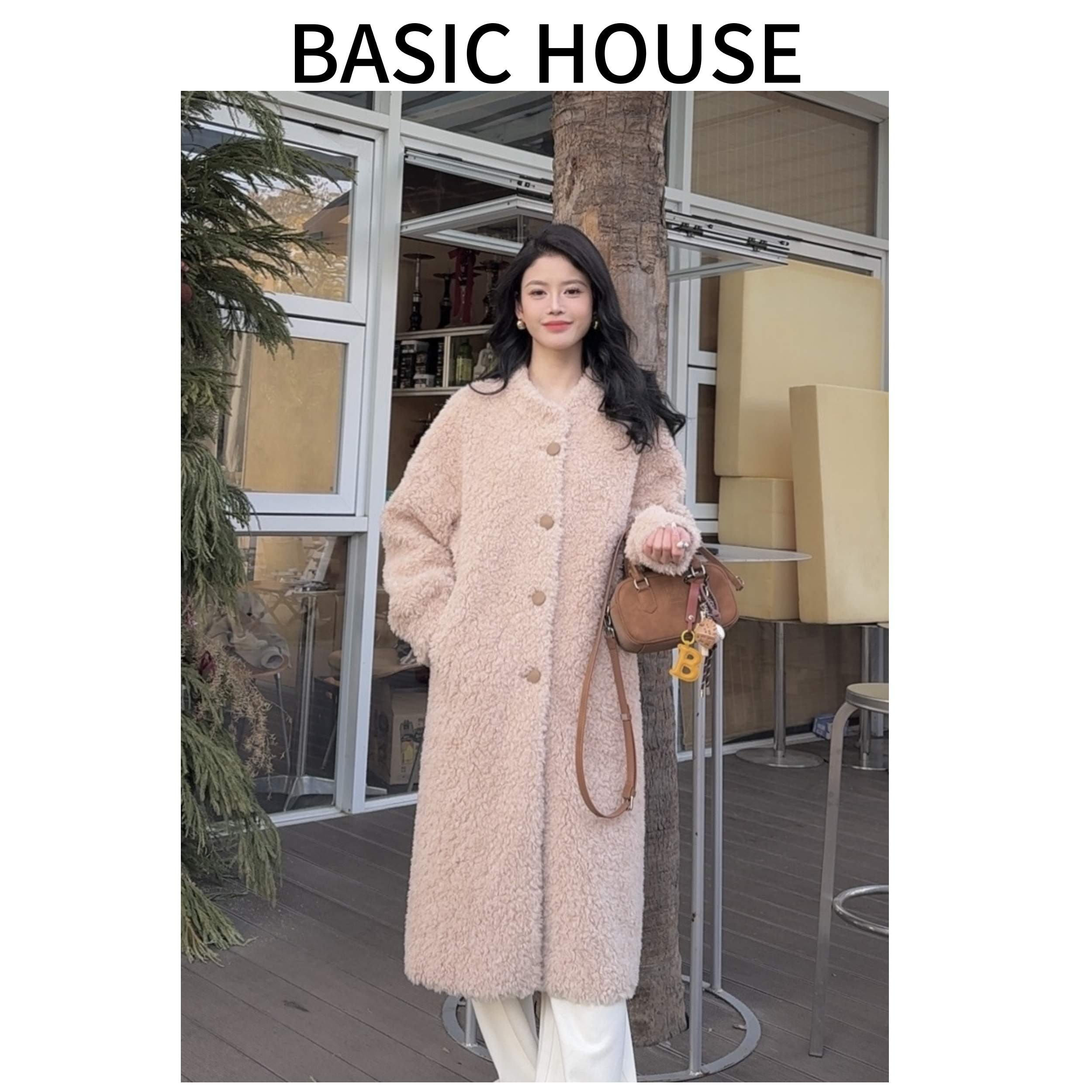 Basic House/百家好新款羊毛冬季圆领外套轻奢高端百搭长款大衣A