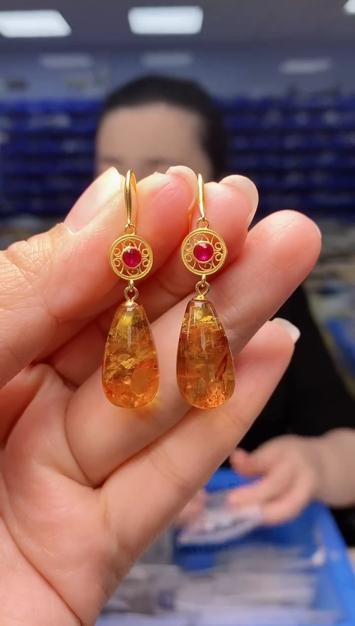 【闪购商品】琥珀（花珀）耳饰银S925镶嵌  K2125