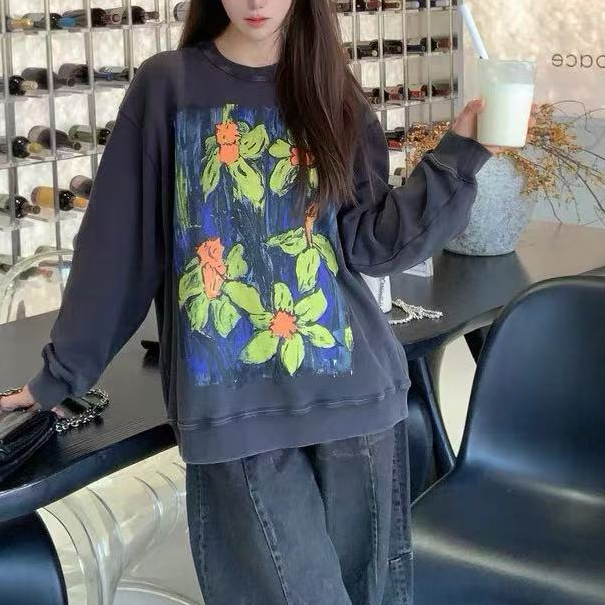新款圆领卫衣花卉图案女宽松休闲百搭