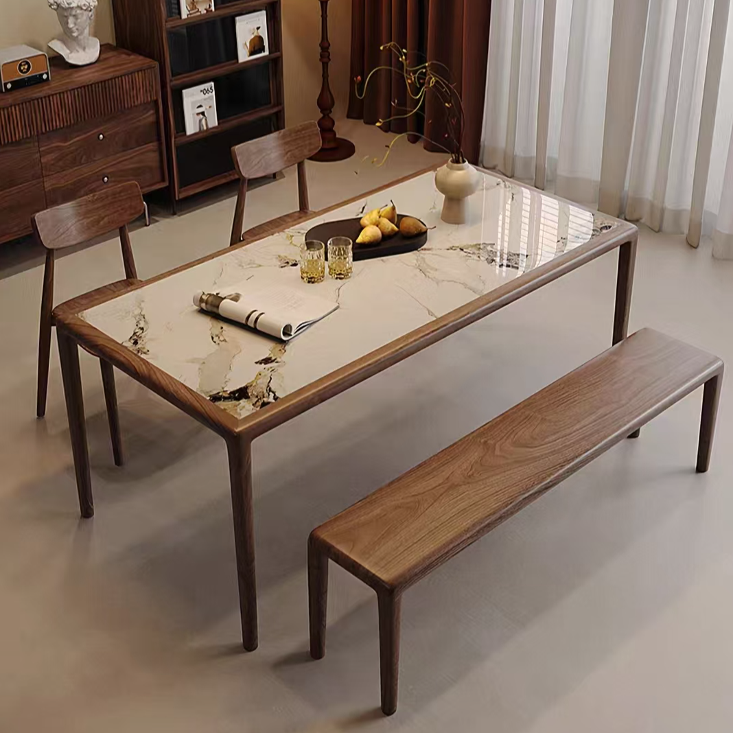 北美黑胡桃木餐桌北欧现代岩板桌面实木复古长方形饭桌子家用书桌