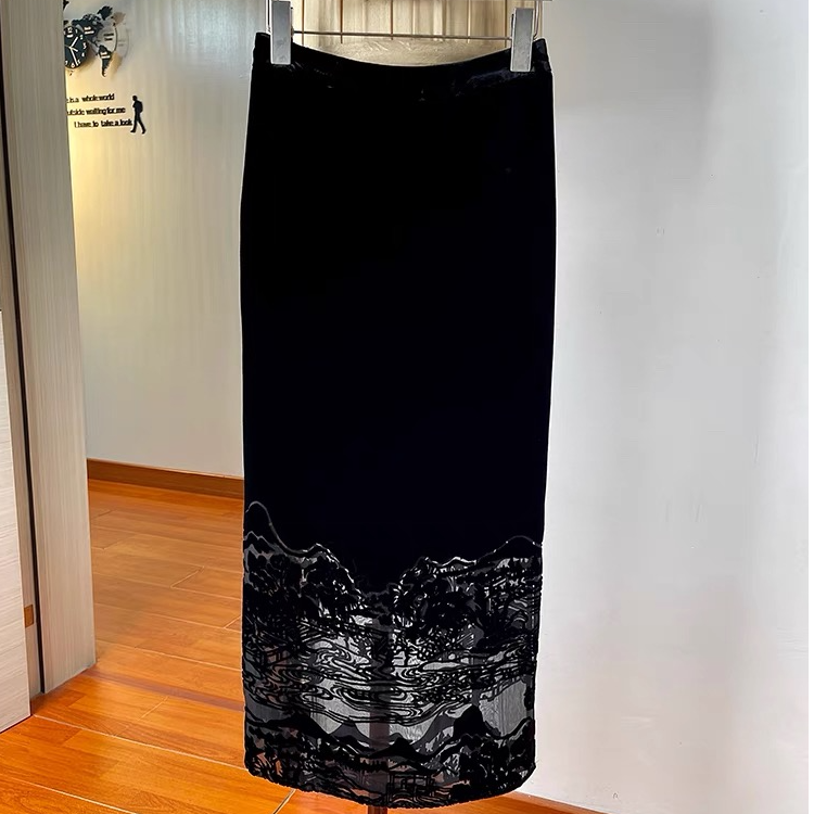 100桑蚕丝丝绒烧花半裙女薄款法式洋气休闲时尚百搭真丝裙子