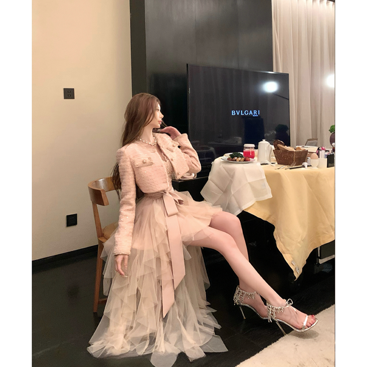 【小美】大码女装法式小香风气质优雅外套蕾丝花边网纱连衣裙13291