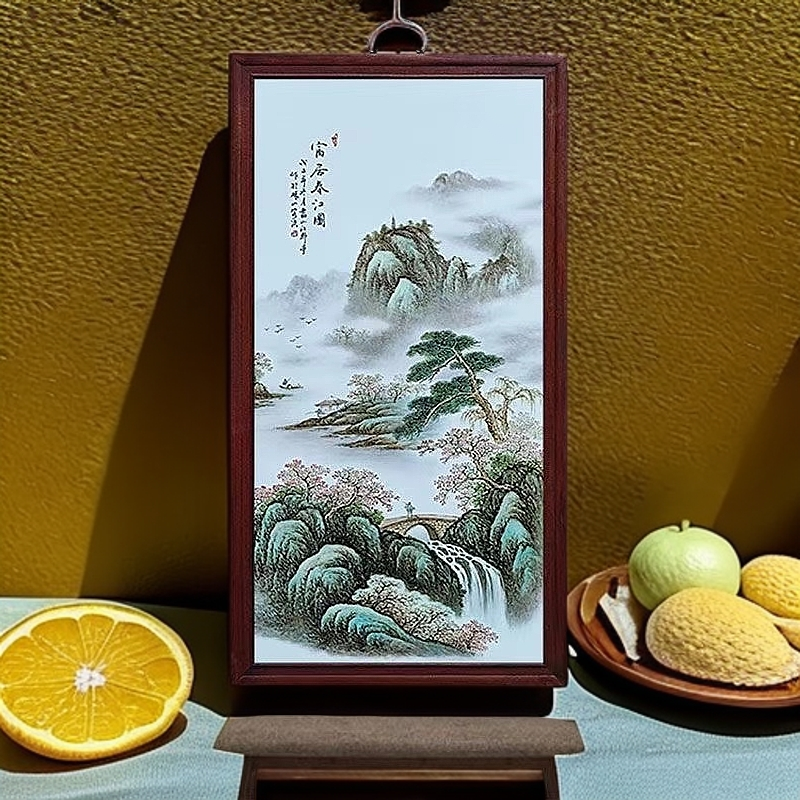 当代 景德镇瓷板画柴窑烧制玄关富居春江实木边框86*46cm