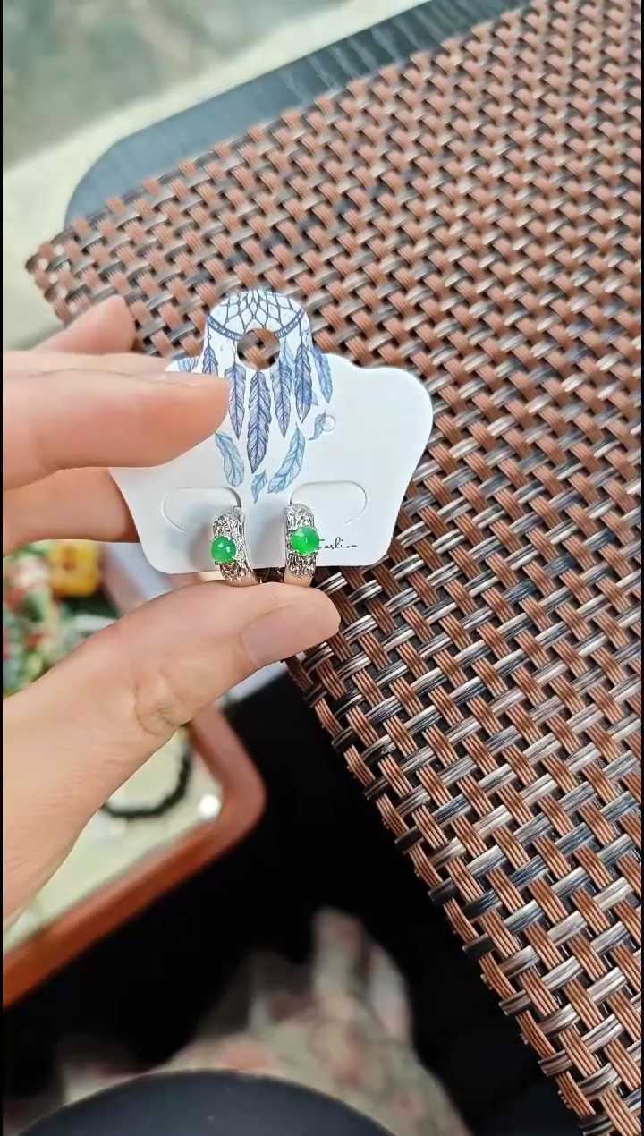 【闪购商品】翡翠耳饰银S925镶嵌翡翠耳饰S925银镶嵌