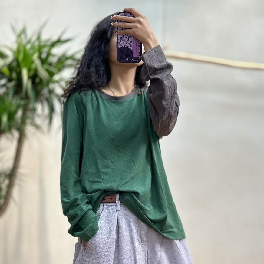 忆古朴拙2411104春季新款棉麻双色针织休闲宽松百搭长袖女士T恤