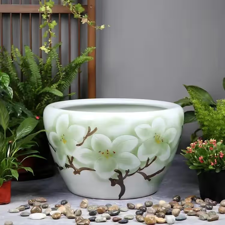 景德镇陶瓷鱼缸手绘玉兰花养鱼缸风水缸鱼缸锦鲤缸庭院荷花睡莲