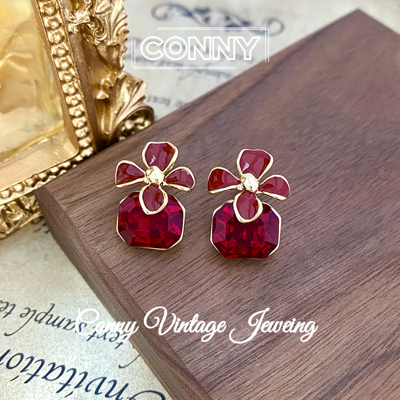 铜合金珐琅耳饰 KN0045 法 ·【红花星方】气质安可拉红色花朵耳钉