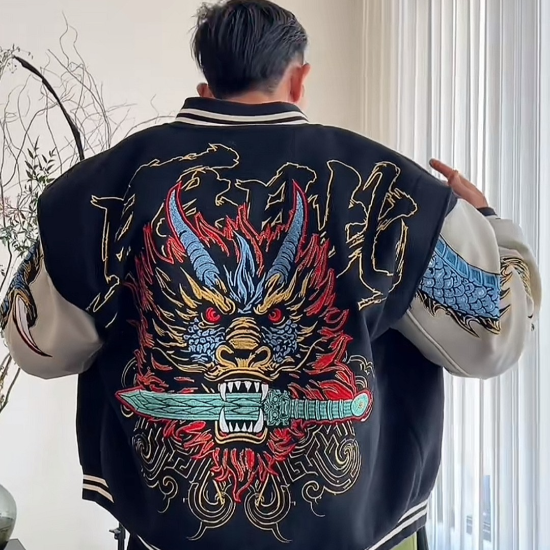 【未知天赋】睚眦升级款冬季立体刺绣洋气炸街男装黑色拼接美式撞色