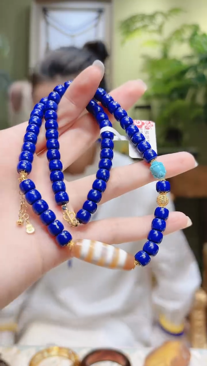 【闪购商品】青金石项链18K金镶嵌四线珠精工青金石项链