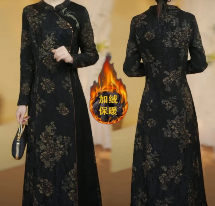 （原版正品）新中式重工刺绣提花烫金加绒加厚中老年旗袍式连衣裙