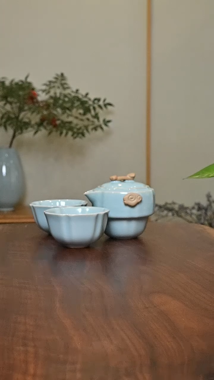 祥云一壶二杯 天青 微瑕 朱家汝窑款