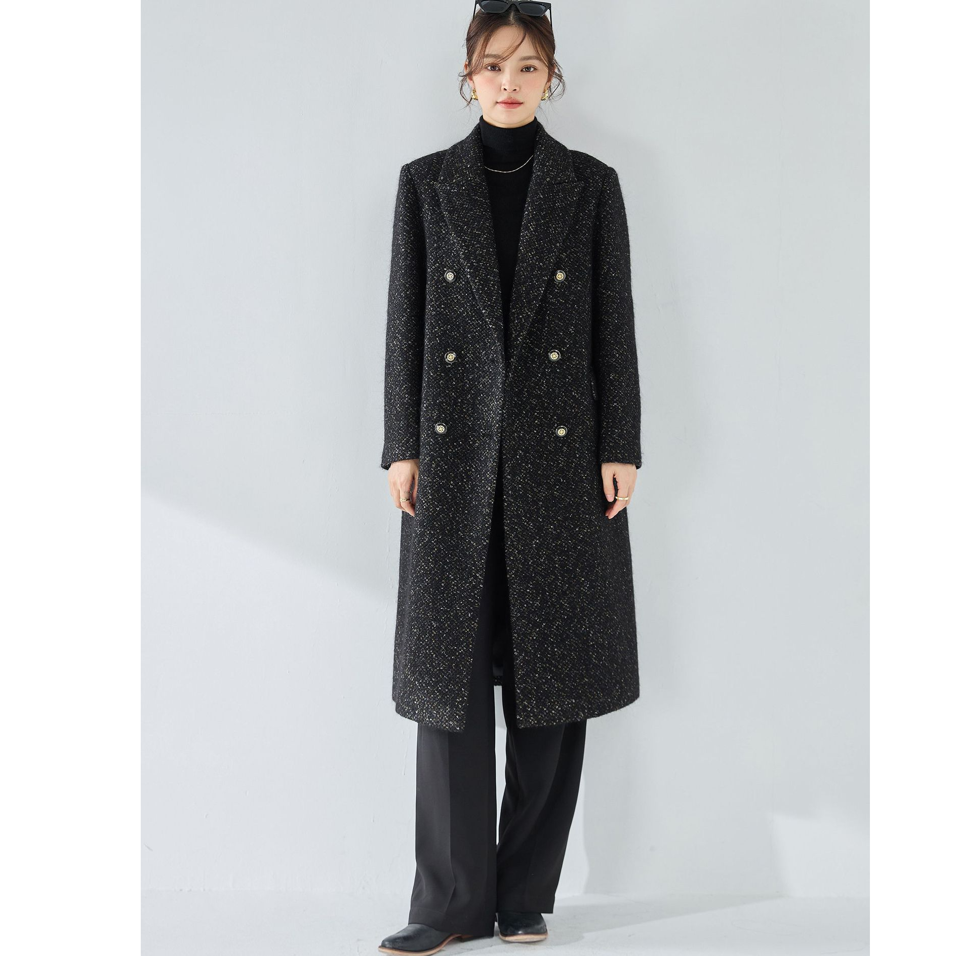 【香NN尾单】25冬新款粗花呢黑金小香风外套女中长款大衣毛呢15430