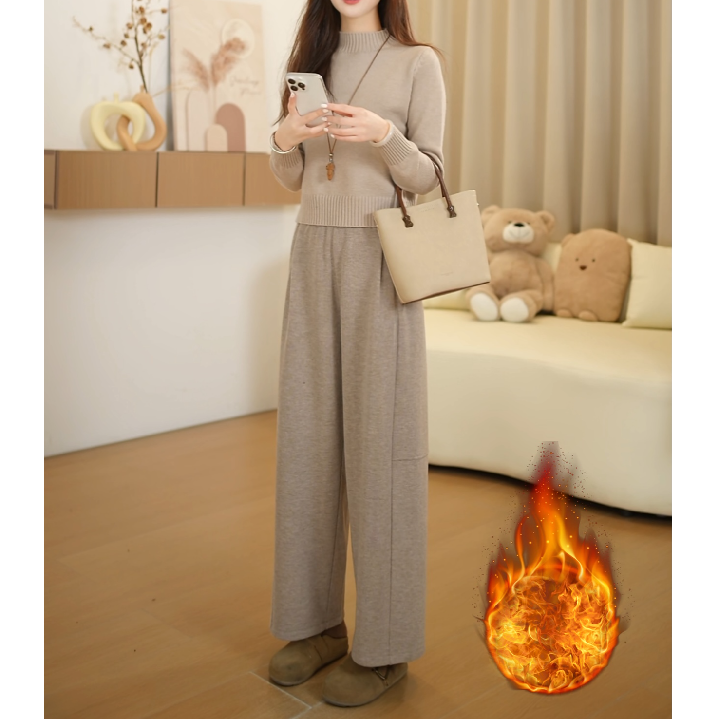 小个子加绒加厚慵懒风阔腿裤直筒高腰时尚宽松休闲裤子