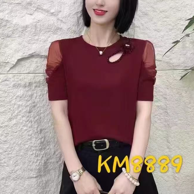 小鑫肝@现货浮力蕾丝镂空拼接缝钻装饰气质百搭T恤 8889