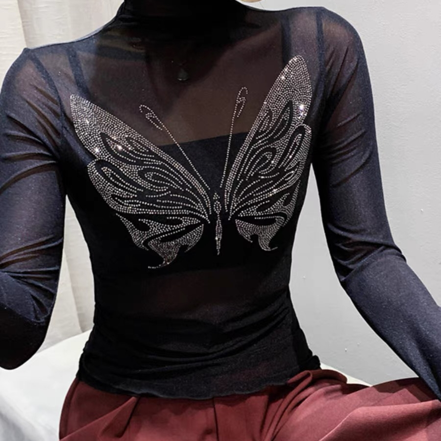 欧货百搭网纱烫钻蝴蝶性感微透长袖t恤女秋季设计感修身洋气上衣