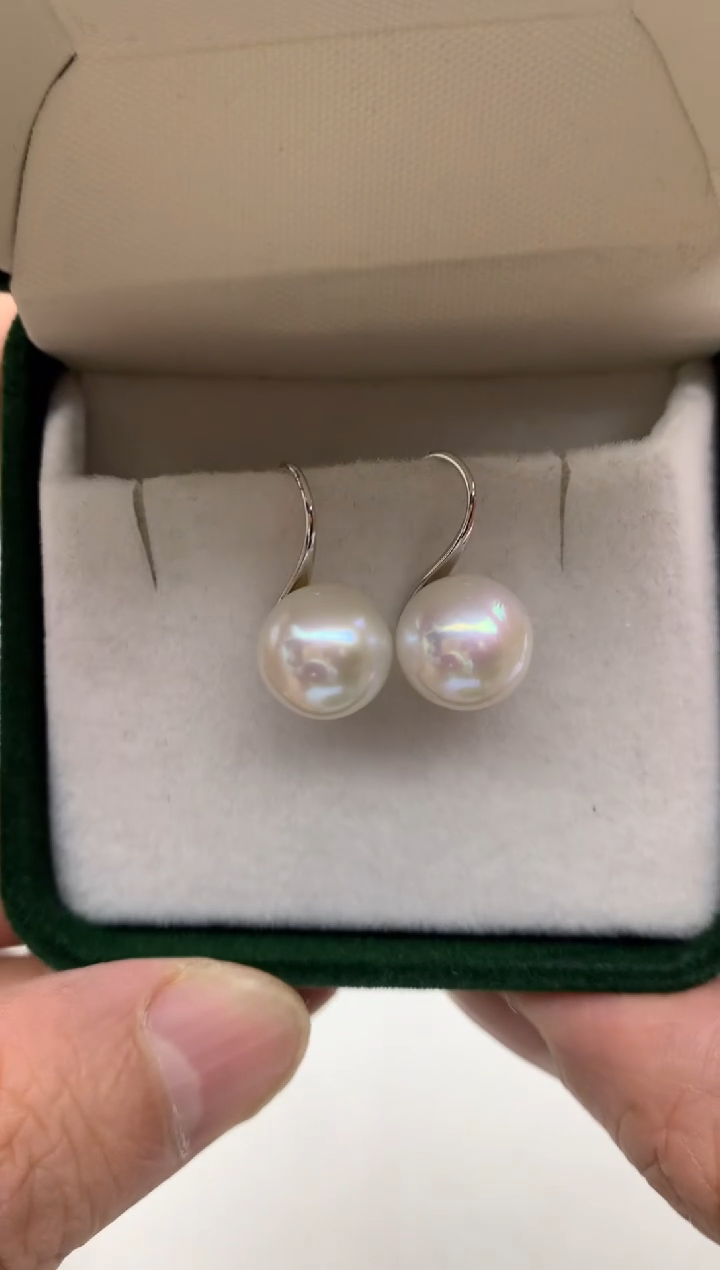 银S925镶嵌ff淡水珍珠白珠耳饰10~11mm