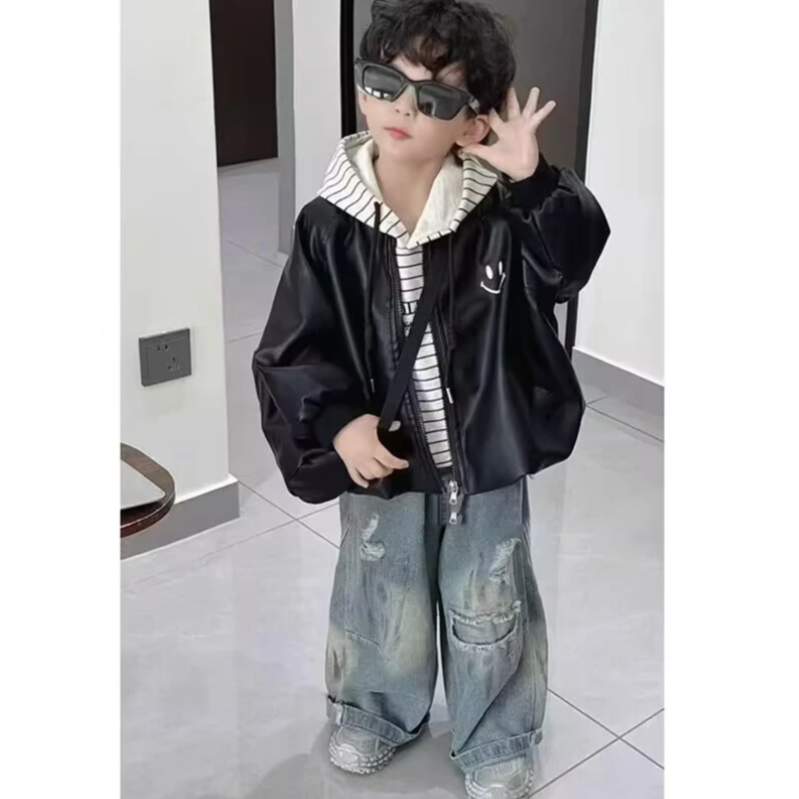 儿童秋季外套2025春秋款男童拉链皮衣夹克女童洋气童装外套宽松潮