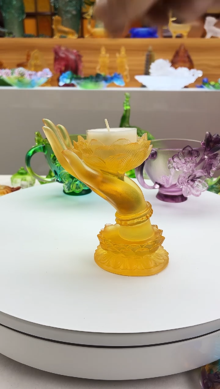 手工艺品琉璃琥珀色佛手烛台12公分【特价福利】