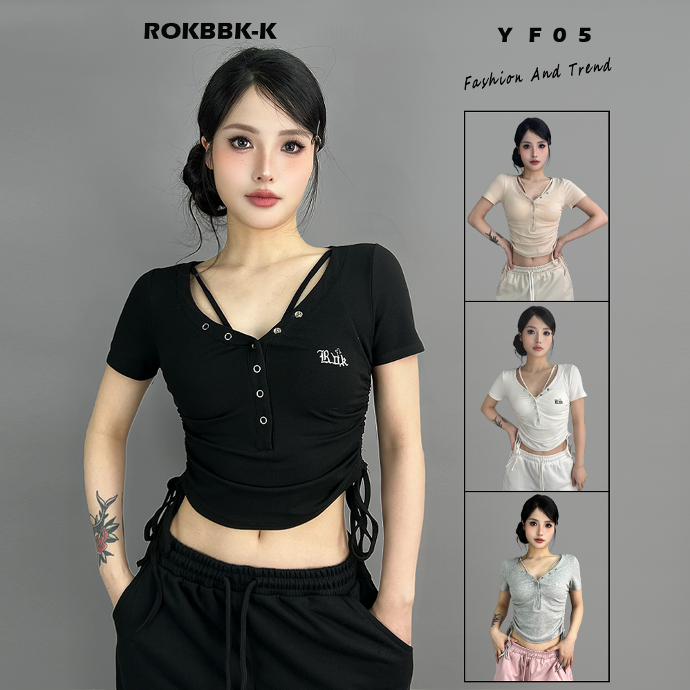 ROKBBK-K/布韩爵士辣妹跳舞t恤女钉扣设计感修身正肩韩系百搭潮