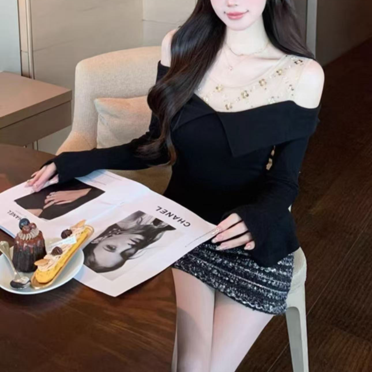 【晨浠定制】新款时尚圆领拼接网纱亮片露肩打底上衣658