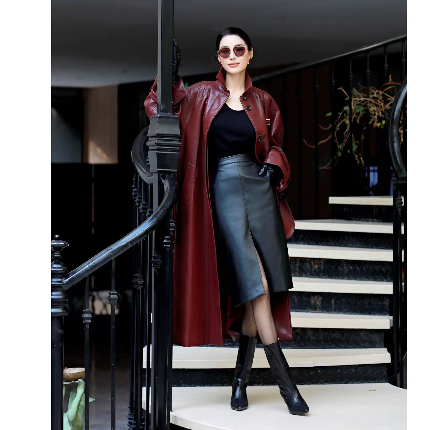 【A·Manzoni】Paris左岸格调皮衣外套法式文艺风秋冬复古长款