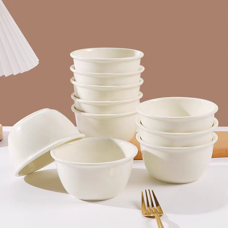 瓷县令10只装4.5英寸奶Fufu奶油风米饭碗陶瓷餐具碗釉下彩工艺简