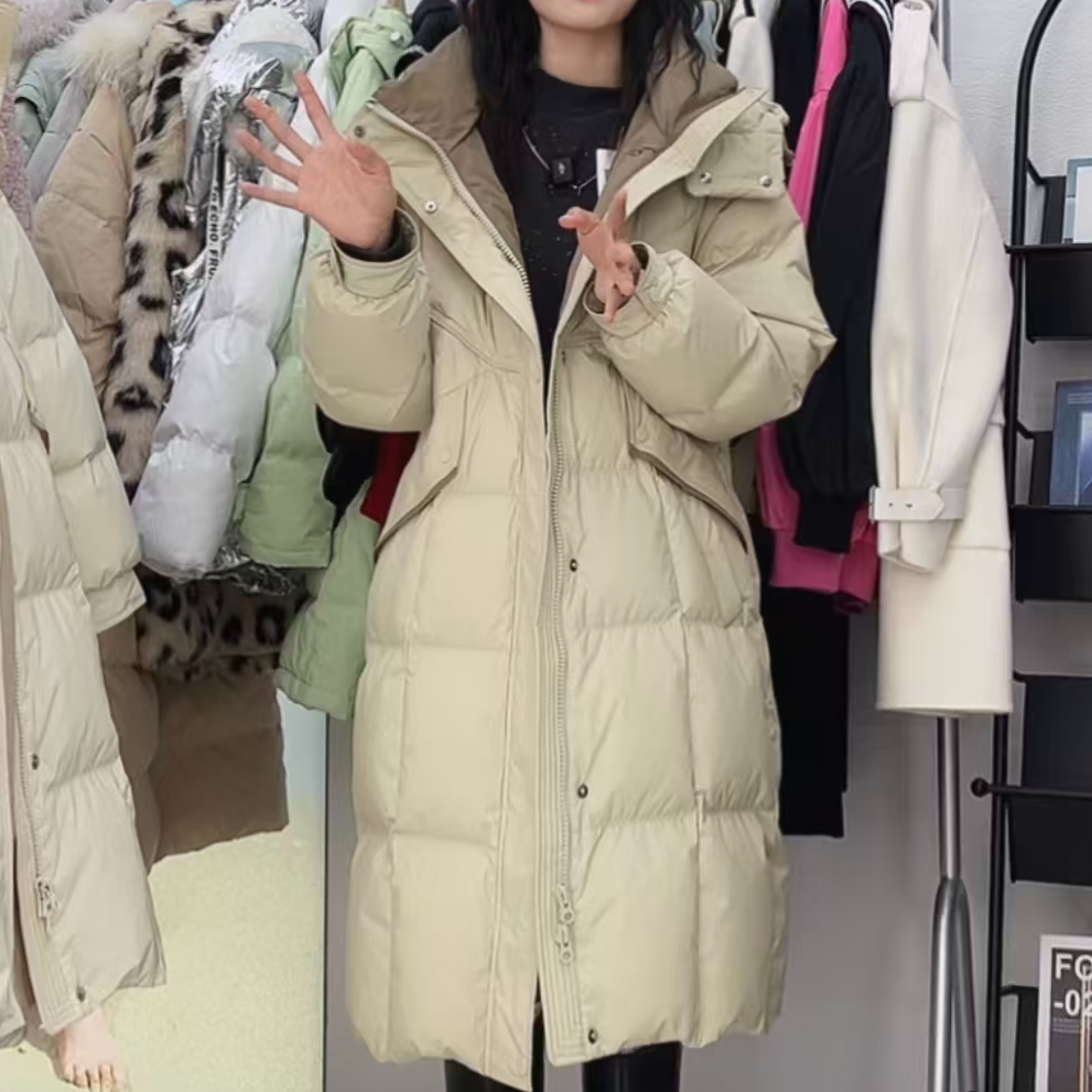 朵以2025冬季新款时髦百搭保暖立领连帽中长款羽绒服39DD939127