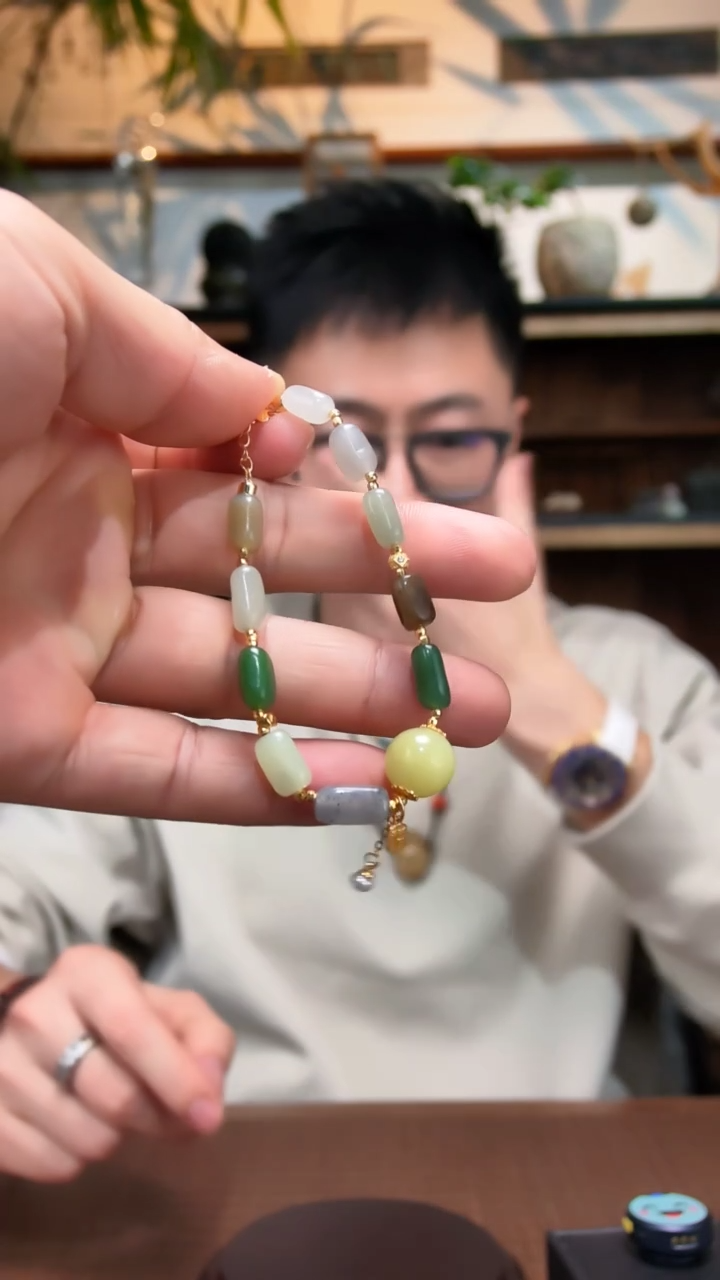 银S925镶嵌手链和田玉S925银和田玉多宝手链QK