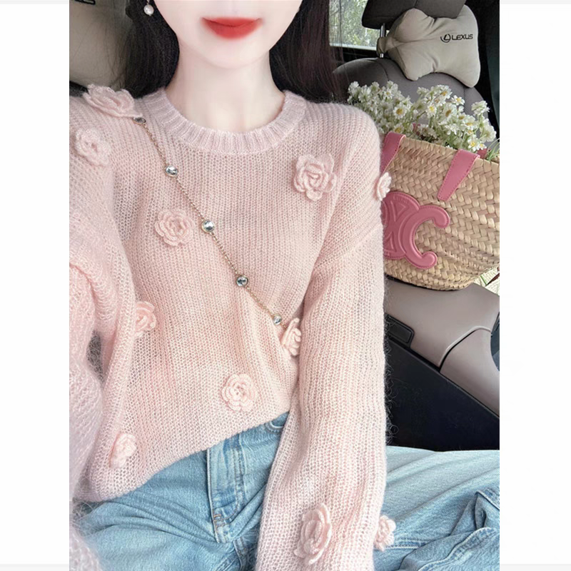 法式设计感温柔风立体花朵粉毛衣女春季新款甜美减龄显瘦薄款上衣