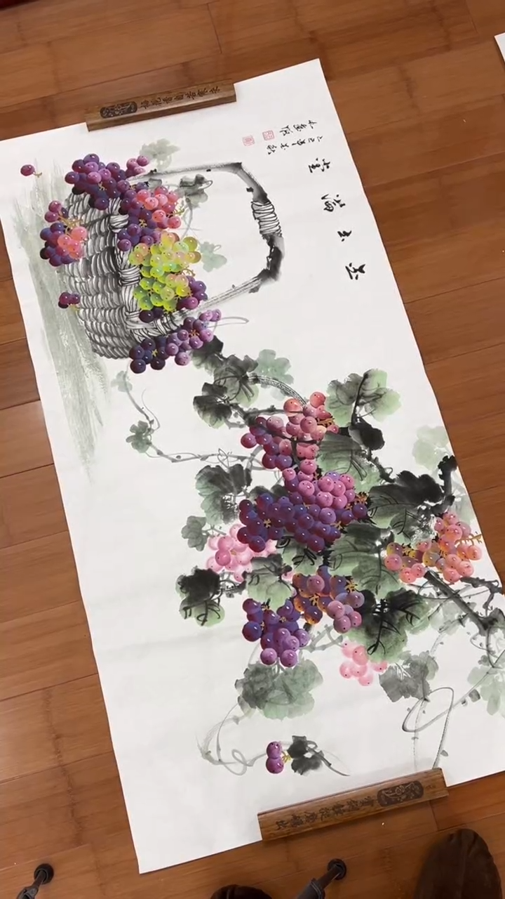 国画【福利，纯手工手绘】王九画葡萄横幅138*68厘米