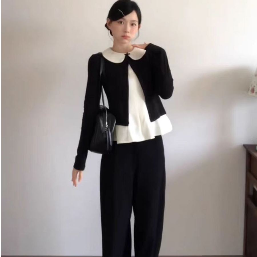 黑色针织开衫外套女新款爆款韩系穿搭背心上衣两件套装6582