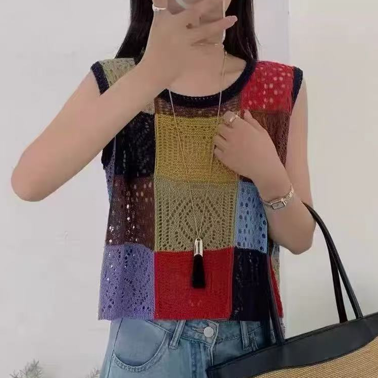 洋气小个子民族风镂空格子上衣