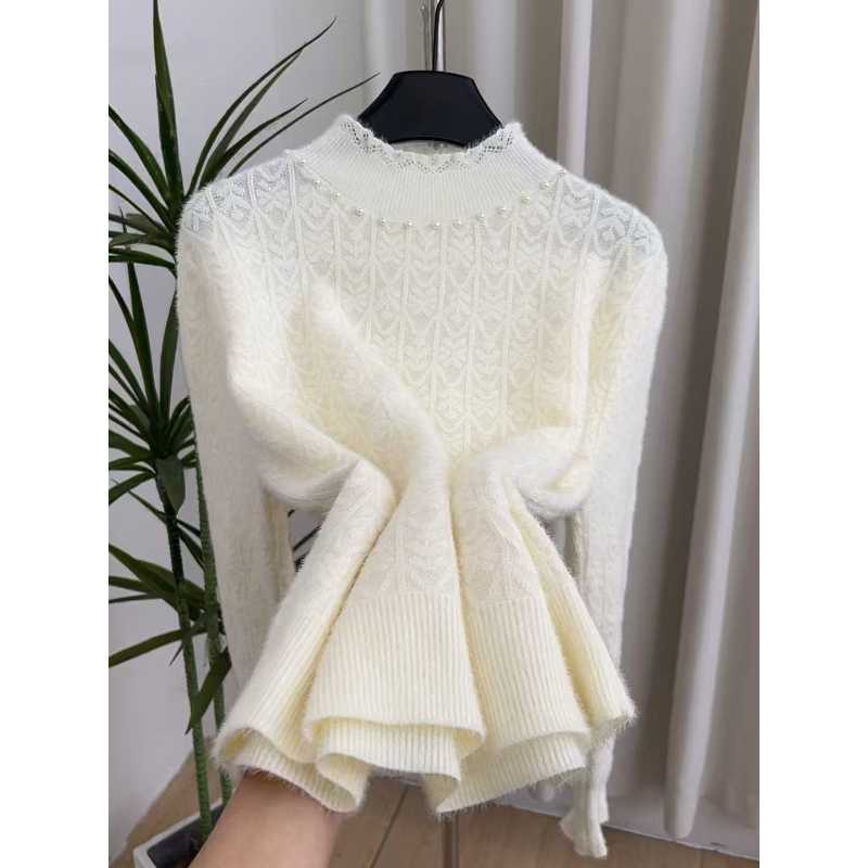 【不起球】貂绒秋冬半高领蕾丝打底保暖时尚百搭长袖针织毛衣YX805