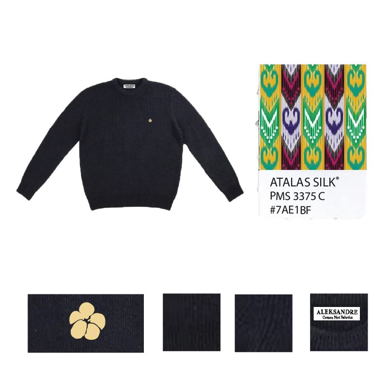 Aleksandre棉宝”金色胡杨林”艾德莱斯棉花刺绣黑色羊毛混纺毛衣