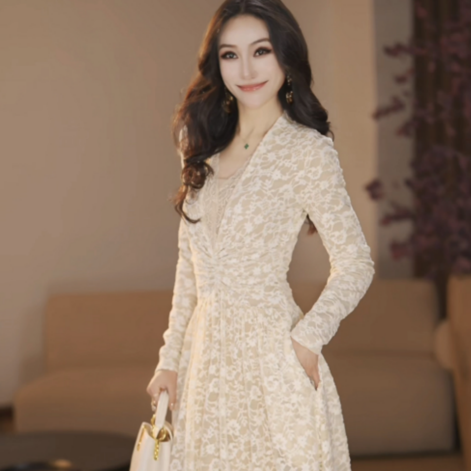 【YD:11】维也纳花蔓 冬季加绒加厚高级感修身显瘦连衣裙-HZ1225