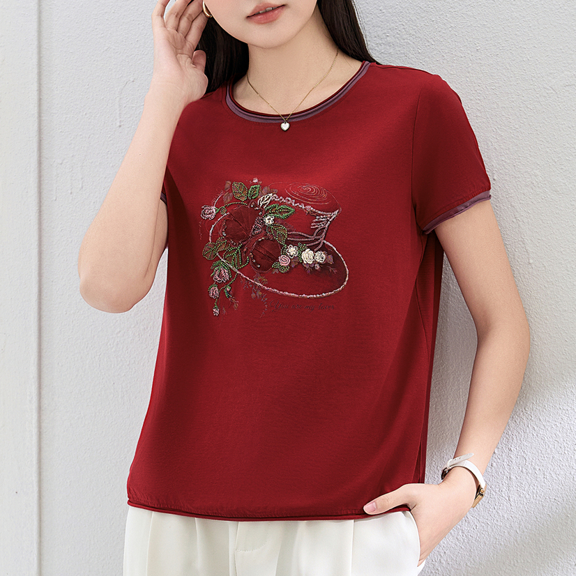 25008夏季新款短袖气质妈妈装圆领重工立体刺绣大码宽松T恤女装