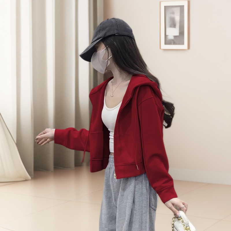 灰色短款连帽卫衣女小个子2025新款秋冬休闲加绒拉链开衫上衣外套