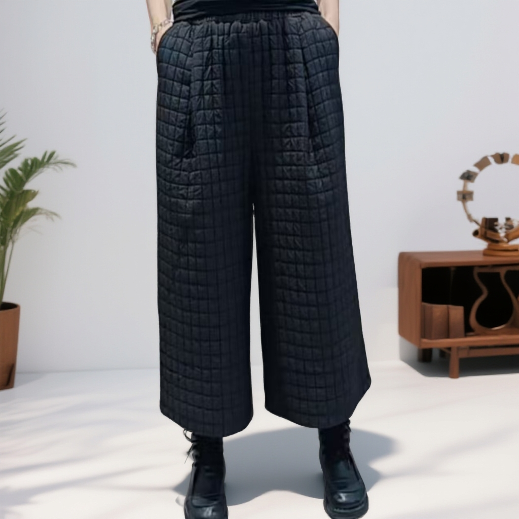 显瘦常规休闲裤阔腿裤高腰松紧腰垂坠感裤子休闲冬季格子女裤