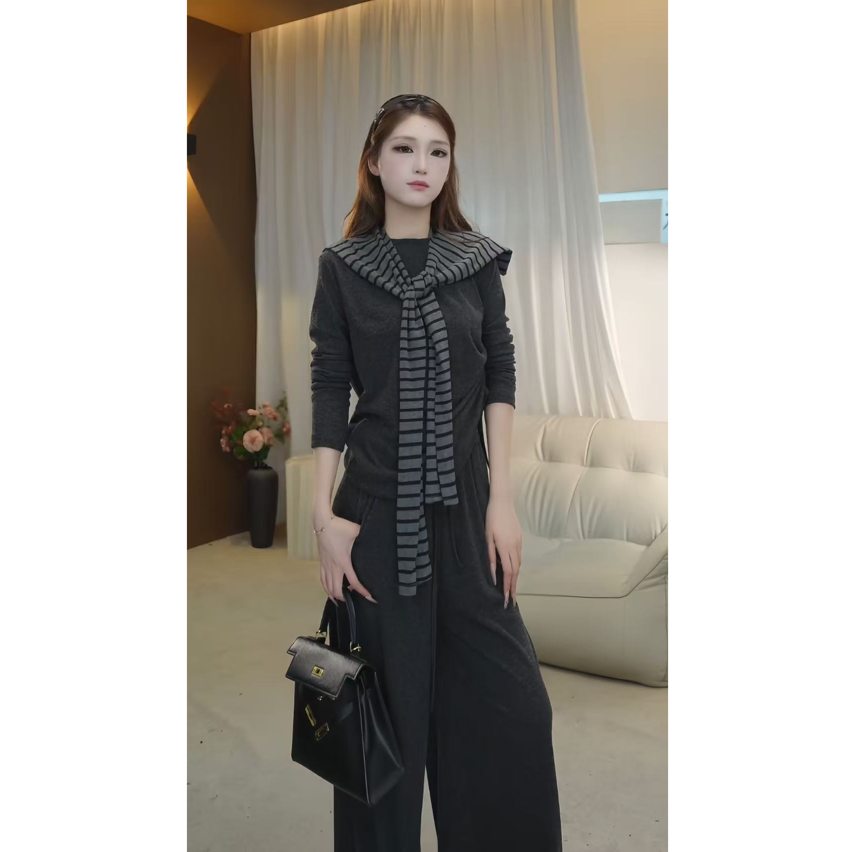 森森定制【极简主义】早秋高级修身长袖上衣直筒裤条纹披肩套装T210